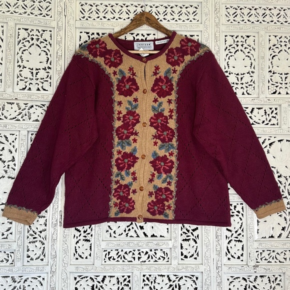 Vtg Janzten Classics Floral Embroidered Grannycore Button Up Cardigan Sz Large - Picture 1 of 6